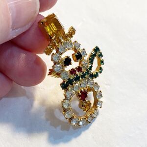 Vintage Christmas Brooch Tiny Multicolor Snowman Rhinestones Pin Whimsy Festive